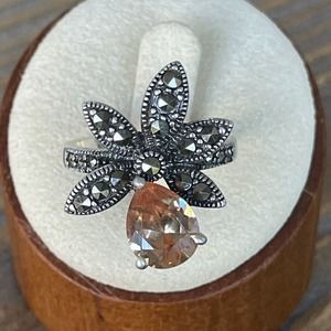 Vintage Sterling Silver Marcasite & Peach Pear Teardrop CZ Ring Sz 8 Signed 925